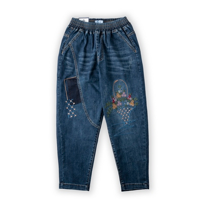 Quần jeans baggy nữ cạp chun thêu họa tiết hoa