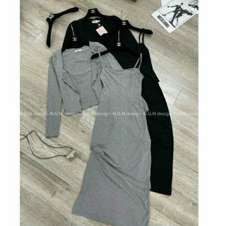 (ảnh thật) Sét váy 2 dây dáng dài ôm body sang chảnh kèm khoác cardigan co giãn 4 chiều