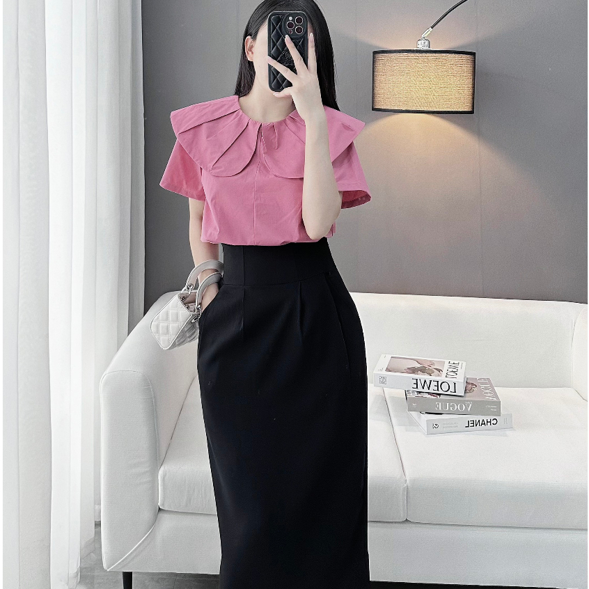Set Áo Sơ Mi Ngắn Tay Cổ Bèo Hồng Nữ Mix Chân Váy Bút Chì Thanh Lịch