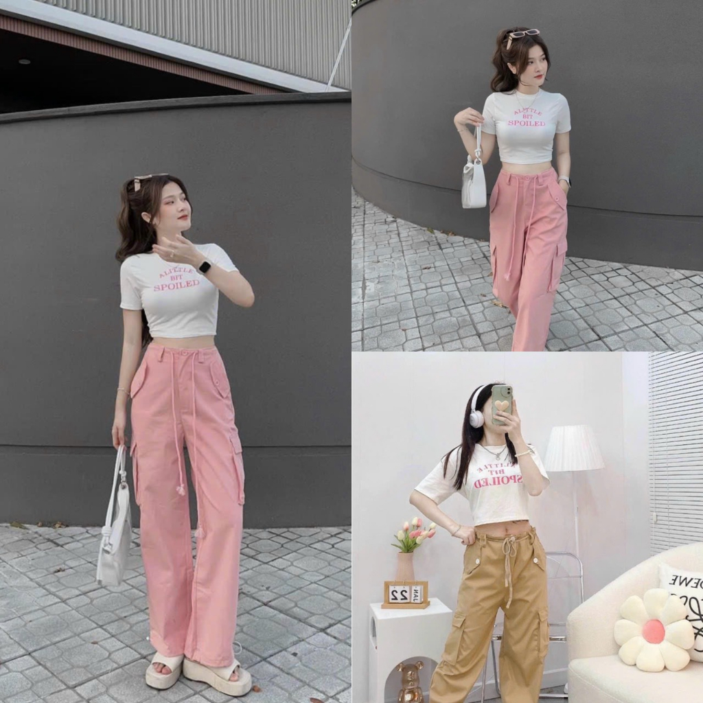 Sét đồ nữ áo borip họa tiết in chữ sang chảnh cổ tròn dễ thương mix quần dài rống rộng túi hộp trẻ trung tôn dáng