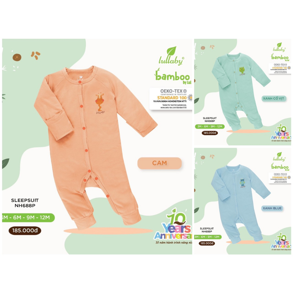 [ CHÍNH HÃNG] Bộ body dài tay Bodysuit chất liệu sợi tre mềm mại cho bé Lulaby NH688P