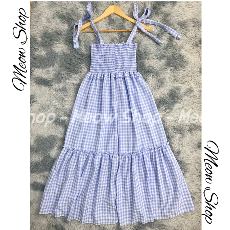 Đầm Maxi Kẻ Sọc Caro 2 Dây Cột Nơ Dáng Rộng kèm ảnh thật