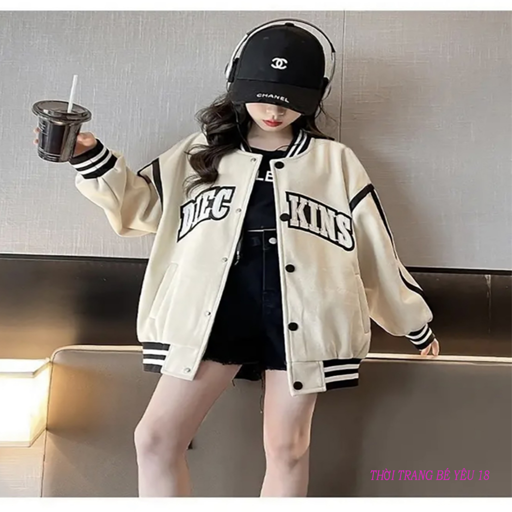 Áo khoác bé gái 17-45kg, áo bomber bé gái 4-15 tuổi mẫu chữ KINS chất nỉ cao cấp,phong cách hàn quốc bbKINS688