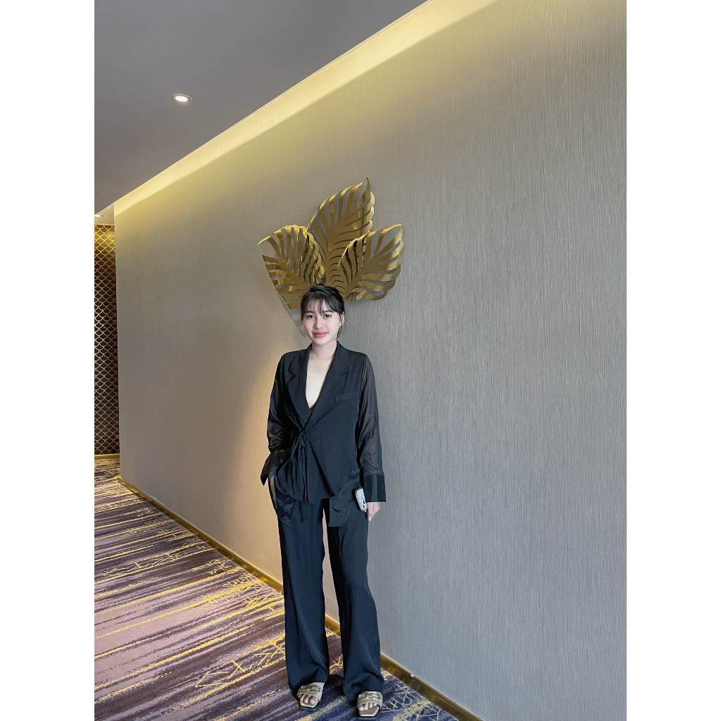 Set áo blazer phối sơ mi kèm quần suông rộng Hàn Quốc phong cách tiêu thư sang trọng