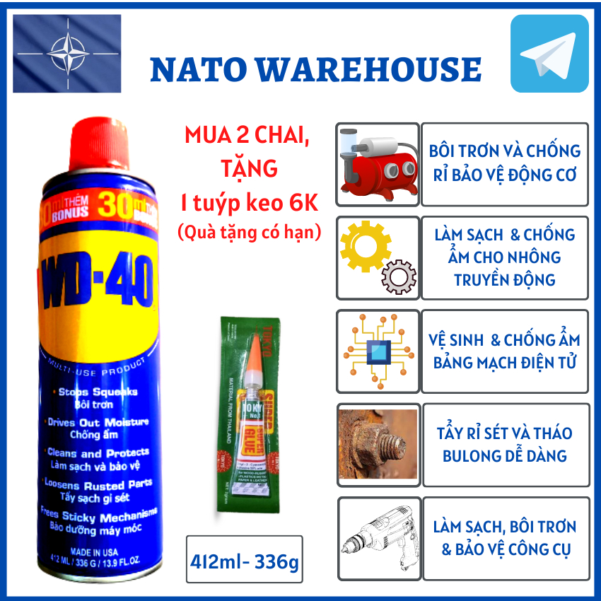 Chai Xịt Chống Rỉ Sét Bôi Trơn Chống Ẩm Đa Năng, Giảm Tiếng Ồn WD40, WD-40 (412ml, 336g)