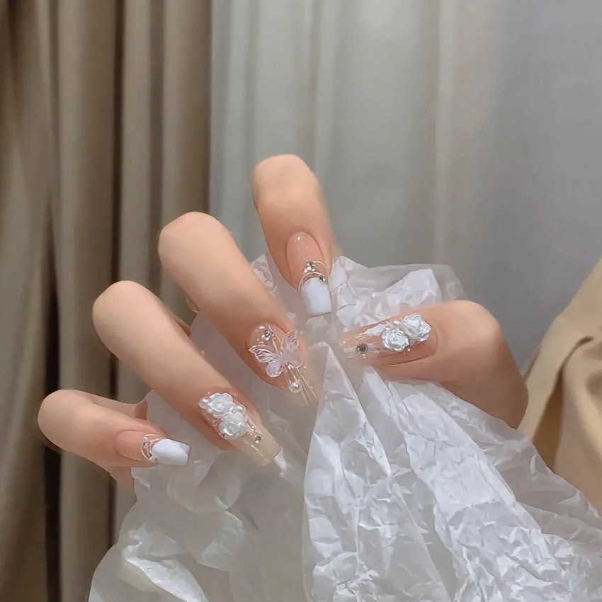 Móng tay giả đính đá kèo keo, Nail xinh, Nailbox cô dâu màu trắng hồng, Móng tay giả dài nhọn đẹp