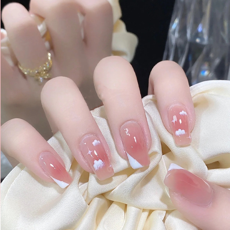 Móng tay giả ngắn vuông đơn giản đi học, đi làm, Bộ 24 móng tay giả kèm keo. Nail box, Nail xinh