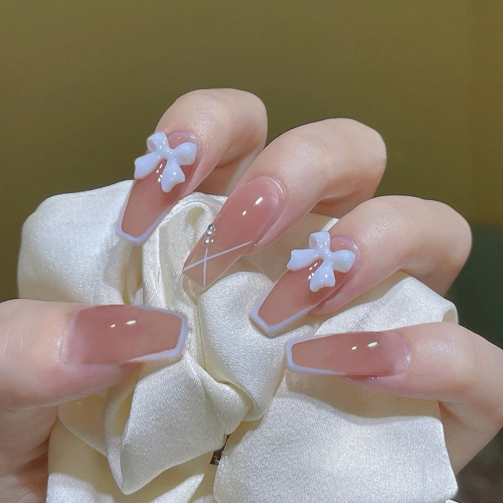 Móng tay giả đính đá kèo keo, Nail xinh, Nailbox cô dâu màu trắng hồng, Móng tay giả dài nhọn đẹp