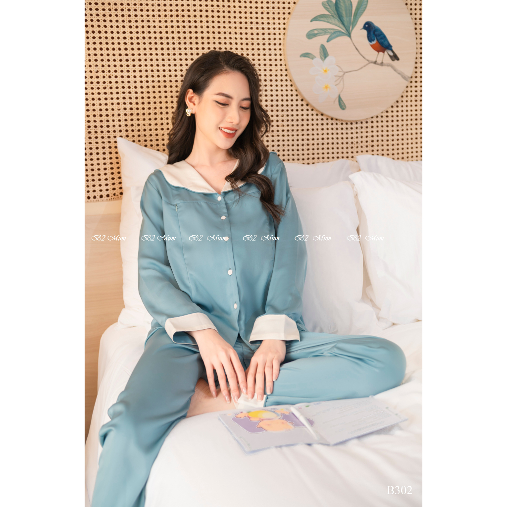 Bộ bầu và sau sinh chất lụa ngọc trai cao cấp quần có chun chỉnh bụng áo có khóa cho bé ti B302/B343  B2 MUM