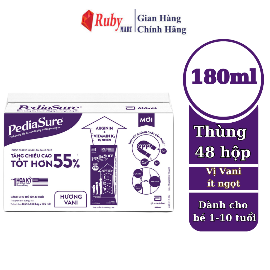 [Date T7/24] Thùng 48 Hộp Sữa nước Pediasure Vani ít ngọt 180ml