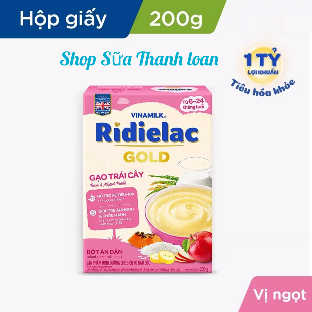 [HSD T8-2025] [MẪU MỚI] BỘT ĂN DẶM RIDIELAC GOLD GẠO TRÁI CÂY - HỘP GIẤY 200G.