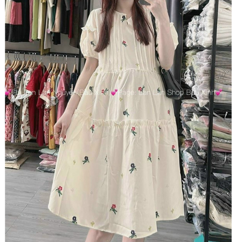 Váy Hoa Baby Doll Cổ V Mặc Bầu Và Sau Sinh