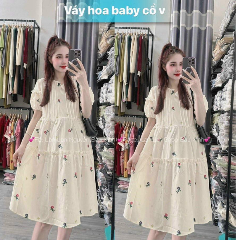 Váy Hoa Baby Doll Cổ V Mặc Bầu Và Sau Sinh