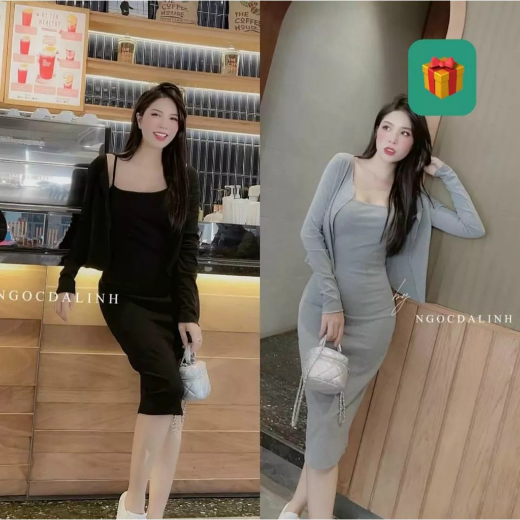 Sét 2 món đầm 2 dây dáng dài qua gối ôm body kèm khoác ngoài cardigan thun gân đẹp phù hợp mọi vóc dáng