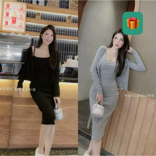 Sét 2 món đầm 2 dây dáng dài qua gối ôm body kèm khoác ngoài cardigan thun gân đẹp phù hợp mọi vóc dáng