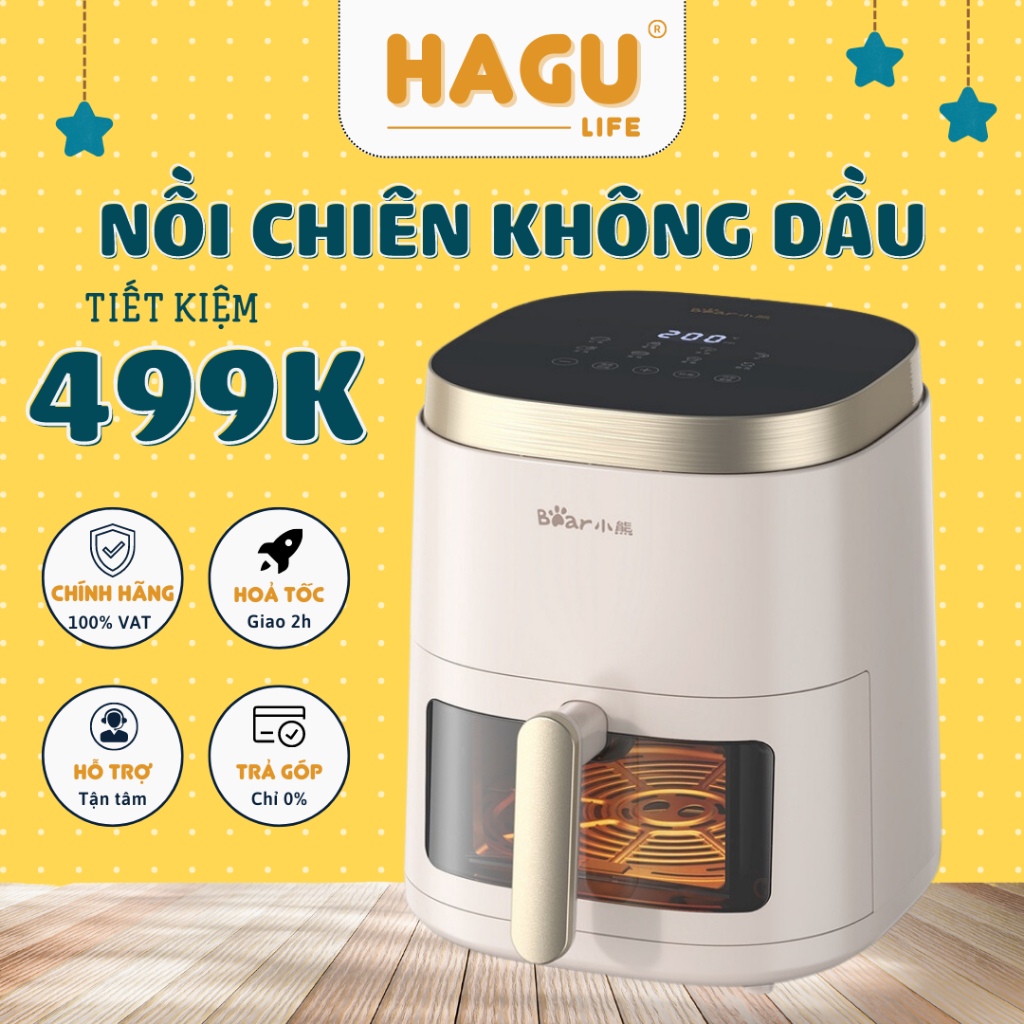 Nồi chiên không dầu Bear Kính trong suốt, dễ dàng vệ sinh dung tích 5L 1500W công nghệ nhiệt đối Lưu 360 độ BH 18 tháng