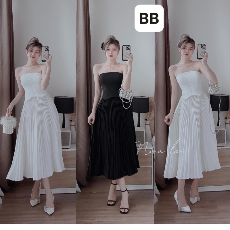 sét váy cúp ngực chân xếp ly sang chảnh