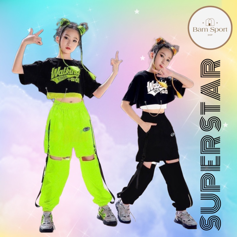 Set tập nhảy bé gái 3 chi tiết, áo thun 2 dây + áo thun croptop tay ngắn + quần dù cá tính