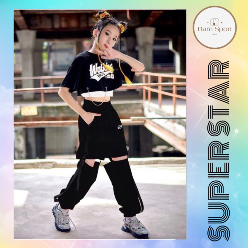 Set tập nhảy bé gái 3 chi tiết, áo thun 2 dây + áo thun croptop tay ngắn + quần dù cá tính