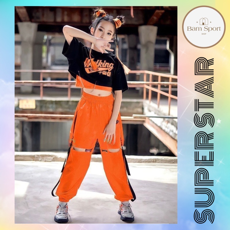 Set tập nhảy bé gái 3 chi tiết, áo thun 2 dây + áo thun croptop tay ngắn + quần dù cá tính