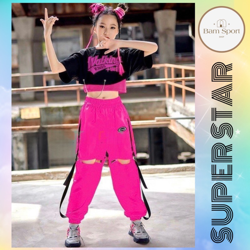 Set tập nhảy bé gái 3 chi tiết, áo thun 2 dây + áo thun croptop tay ngắn + quần dù cá tính