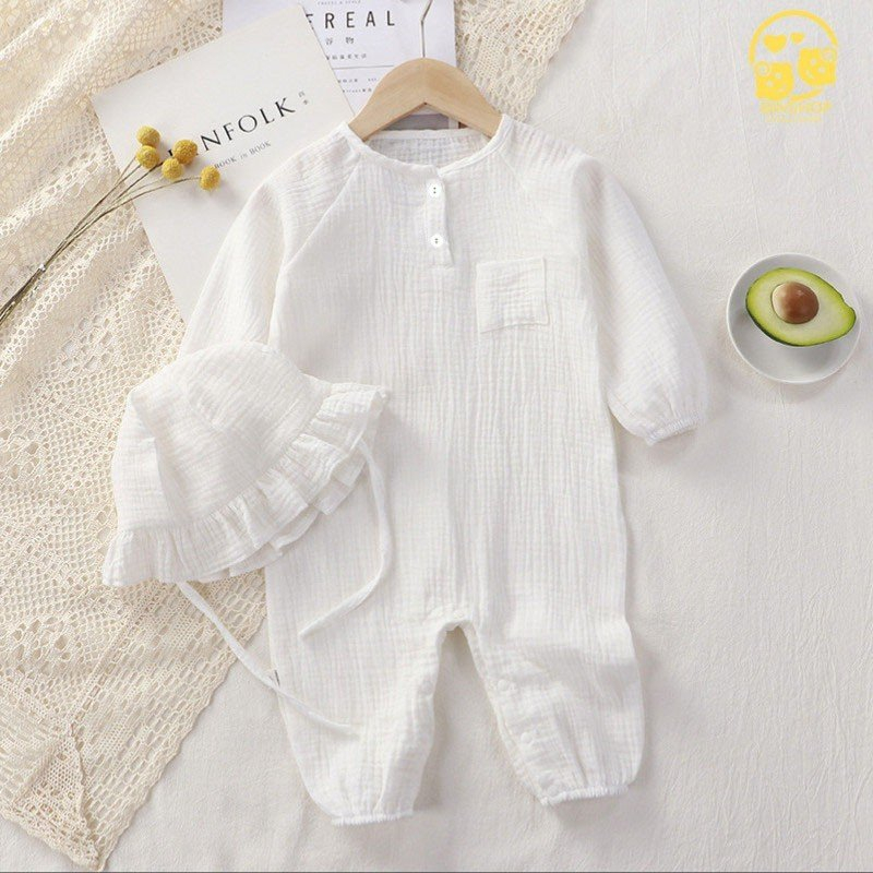 [Kèm mũ] Áo liền thân cho bé Chất Xô Muslin Cao Cấp, Bodysuit dài tay cho bé màu sắc dễ thương, Quần áo sơ sinh 0-12M