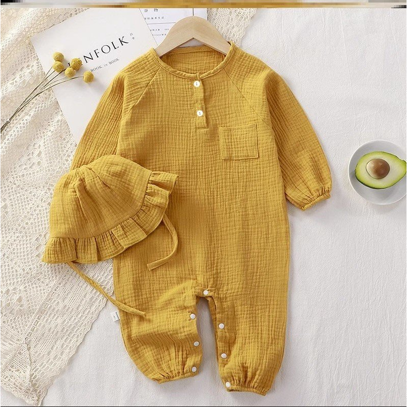 [Kèm mũ] Áo liền thân cho bé Chất Xô Muslin Cao Cấp, Bodysuit dài tay cho bé màu sắc dễ thương, Quần áo sơ sinh 0-12M