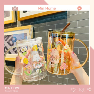 Cốc thuỷ tinh lớn 1000ml có nắp và ống hút chịu nhiệt tốt, ly thuỷ tinh cao cấp dễ thương