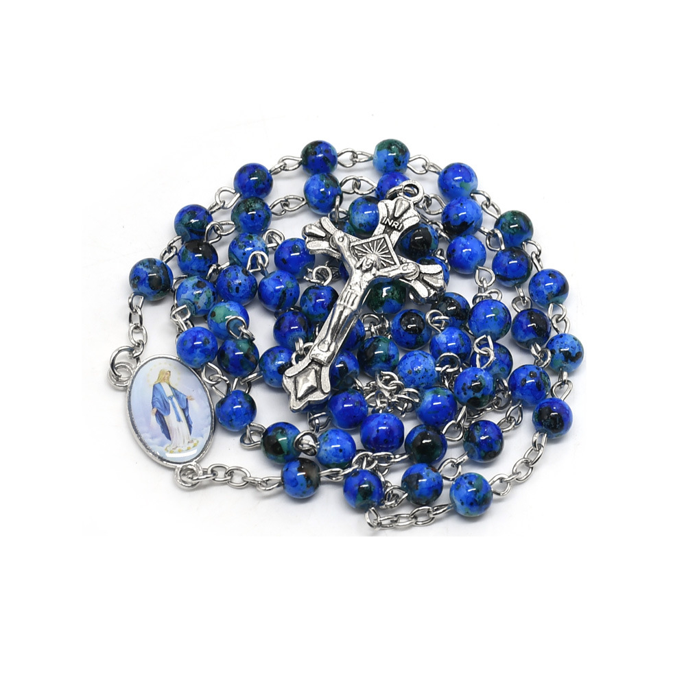 Chuỗi hạt mân côi thánh giá cổ điển trang sức lễ rửa tội, saphia hoa văn màu xanh