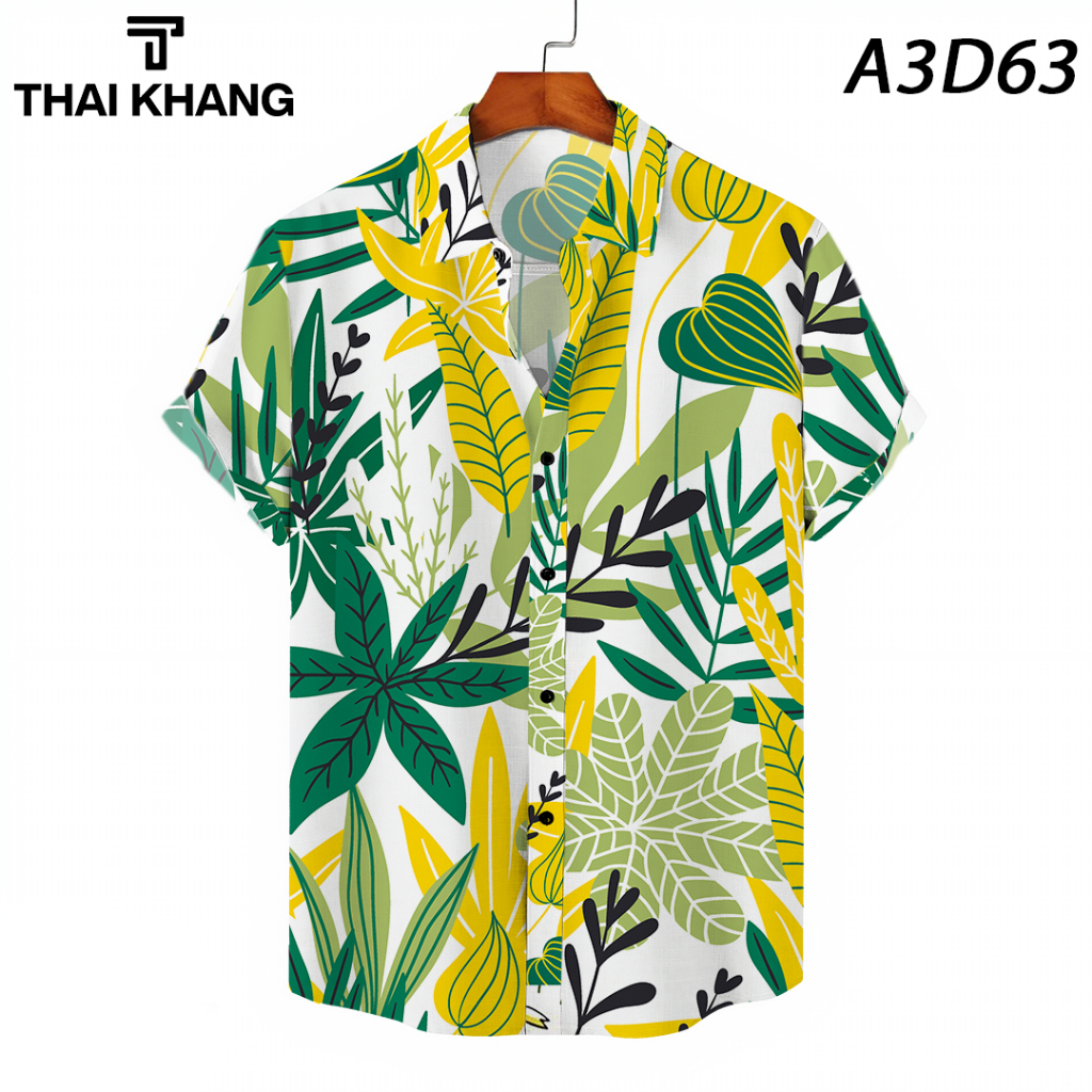 Áo sơ mi đi biển họa tiết THÁI KHANG vải lụa mềm có size trẻ em mặc thoải mái không nhăn rất mát họa tiết hoa lá A3D63
