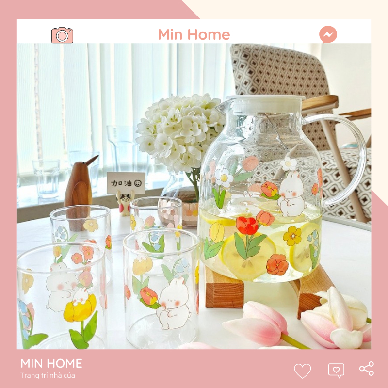 Bộ Bình Nước Ly Thủy Tinh 1,9L Thỏ Hoa Dễ Thương Kèm 4 Ly Cốc Thủy Tinh 225ml Bình Nước Giải Khát Bình Trà