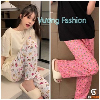 Quần dài nữ mặc nhà, quần suông ống rộng in hình họa tiết hoạt hình lưng thun