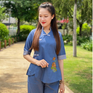Đồ lam đi chùa Bộ đồ Phật tử Cổ tàu XẨM CHÉO Vải Đài Loan Kate Cotton Mịn Cúc sò bện tay Thêu sen - BCC1AN Anle Store