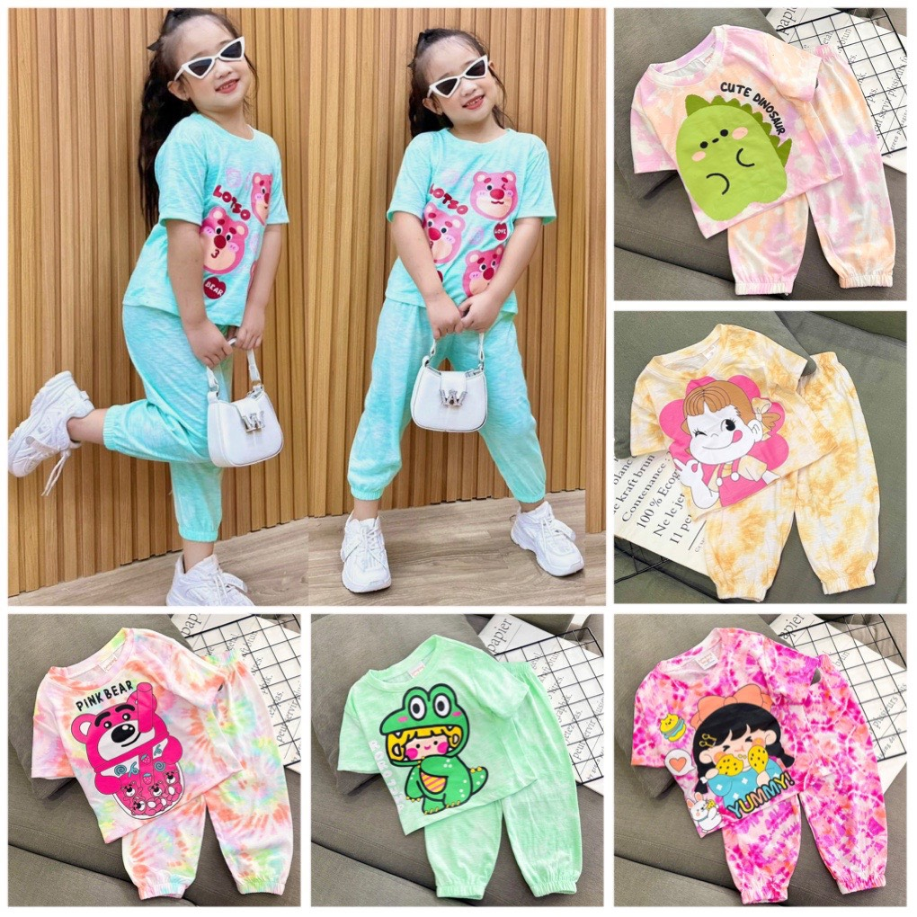 10-23KG- bộ ali baba tay ngắn quần dài bé gái thun coton xuất đẹp, mềm mịn, hình in dễ thương 941