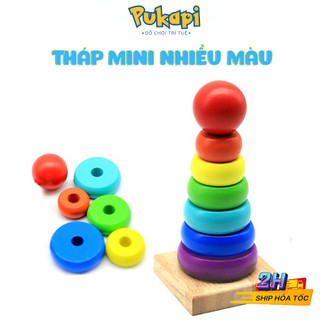 Tháp mini nhiều màu cho bé đồ chơi gỗ màu sắc giải trí đồ chơi lắp ráp hình tháp cho bé - đồ chơi cho bé pukapi