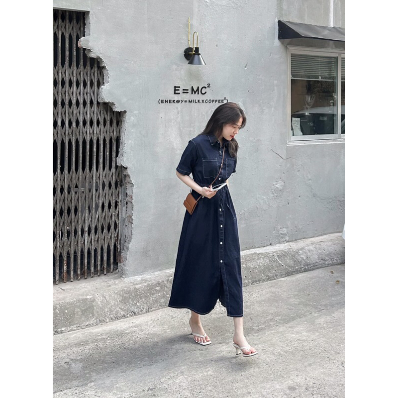 Váy sơ mi jean rút dây eo