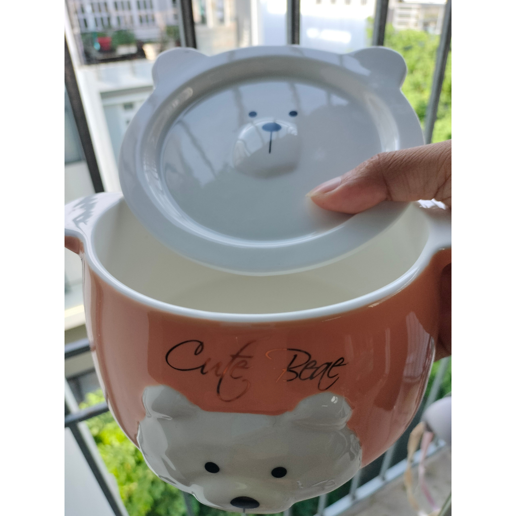 Tô sứ có quai cầm, nắp hình gấu lười dễ thương , Tô sứ có nắp đa năng …