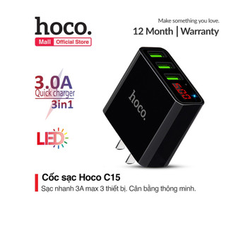 Củ sạc nhanh hoco c15 3.4a màn hình led 3 cổng usb chân dẹt chất liệu pc cao cấp