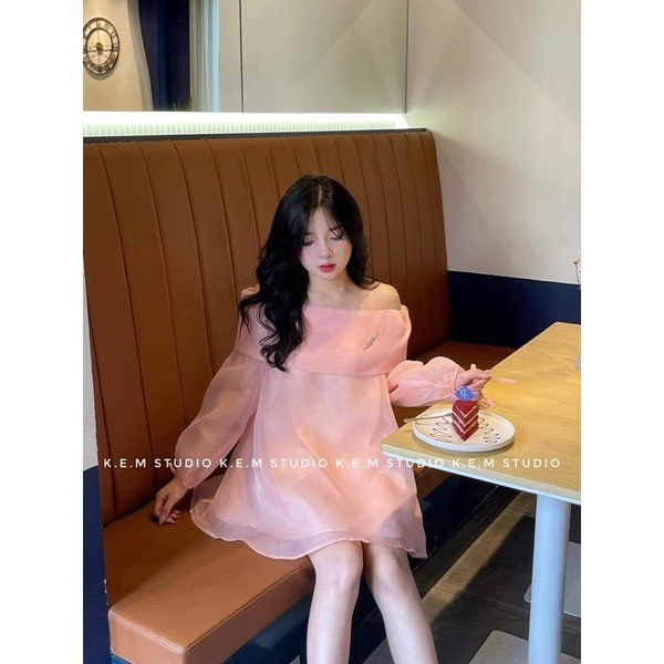 Đầm trễ vai voan babydoll váy tơ bóng lụa cách điệu hàn quốc áo trễ vai bồng