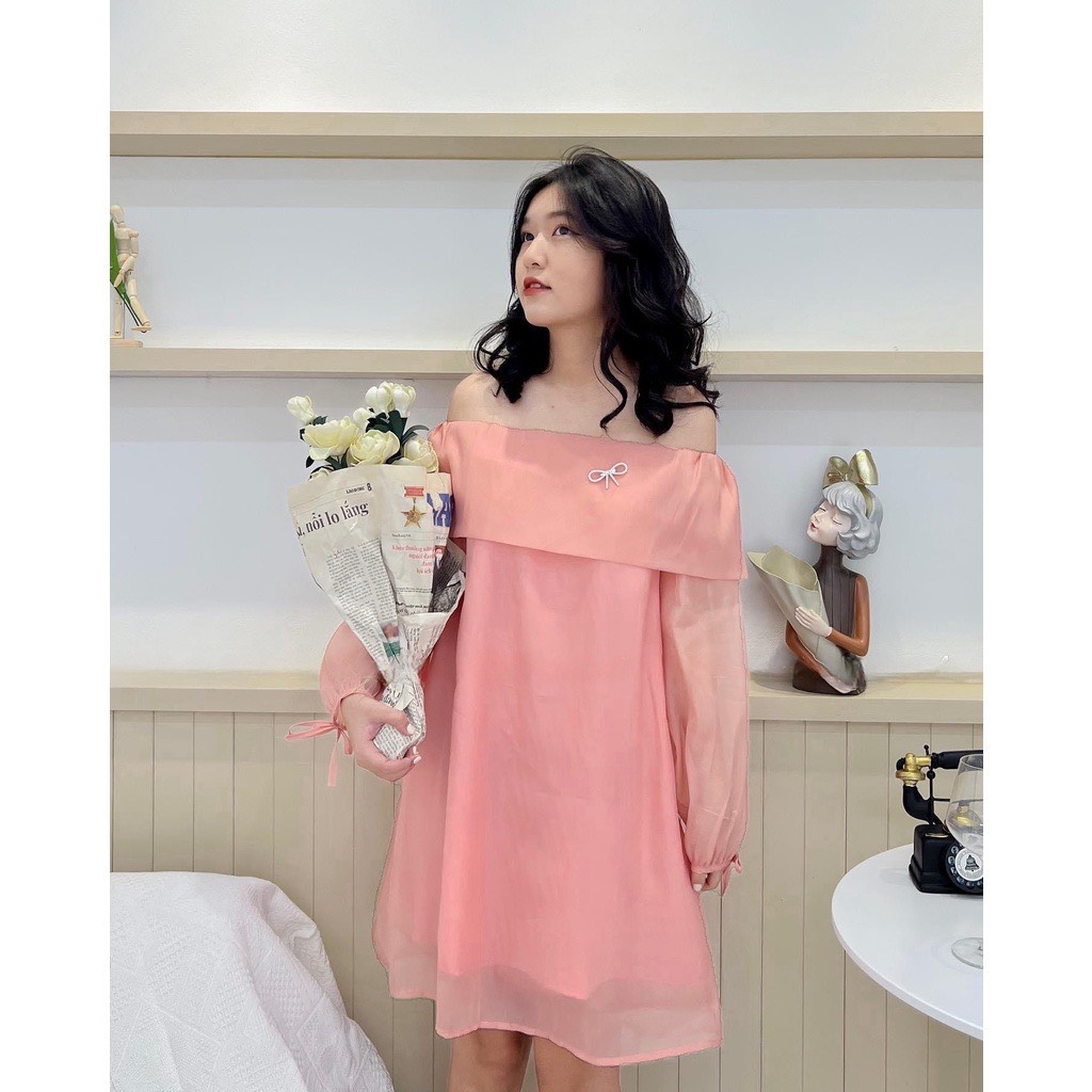 Đầm trễ vai voan babydoll váy tơ bóng lụa cách điệu hàn quốc áo trễ vai bồng