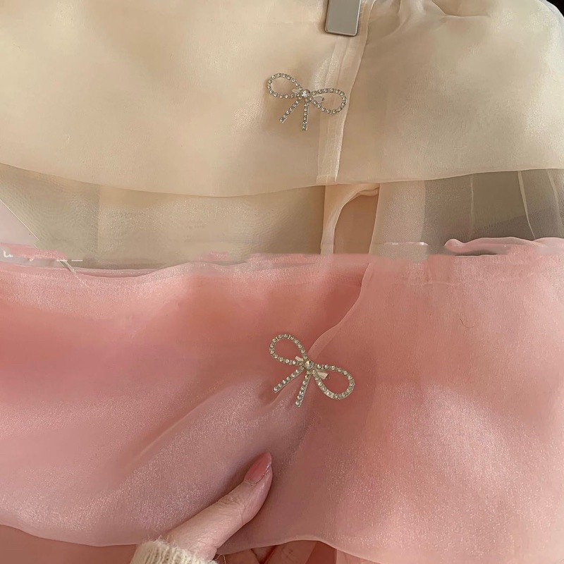 Đầm trễ vai voan babydoll váy tơ bóng lụa cách điệu hàn quốc áo trễ vai bồng