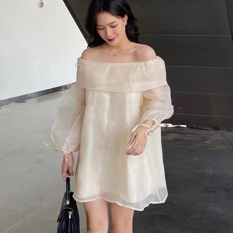 Đầm trễ vai voan babydoll váy tơ bóng lụa cách điệu hàn quốc áo trễ vai bồng