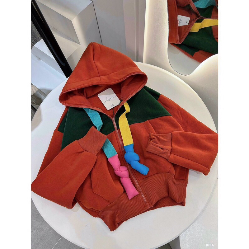 Áo Khoác Gấm Tăm Nỉ Dày đẹp Tay dài có Mũ Phối Màu dây thắt cộng to MaM