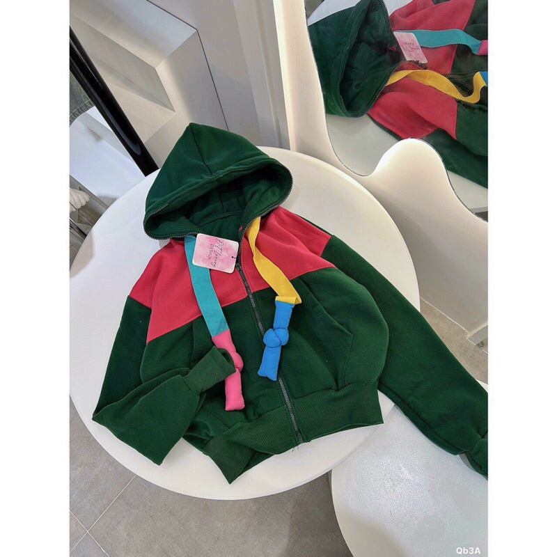 Áo Khoác Gấm Tăm Nỉ Dày đẹp Tay dài có Mũ Phối Màu dây thắt cộng to MaM