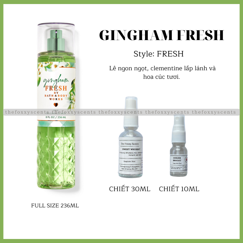 GINGHAM FRESH Body Mist (Xịt thơm) Chiết Chai thuỷ tinh 10ml / 30ml