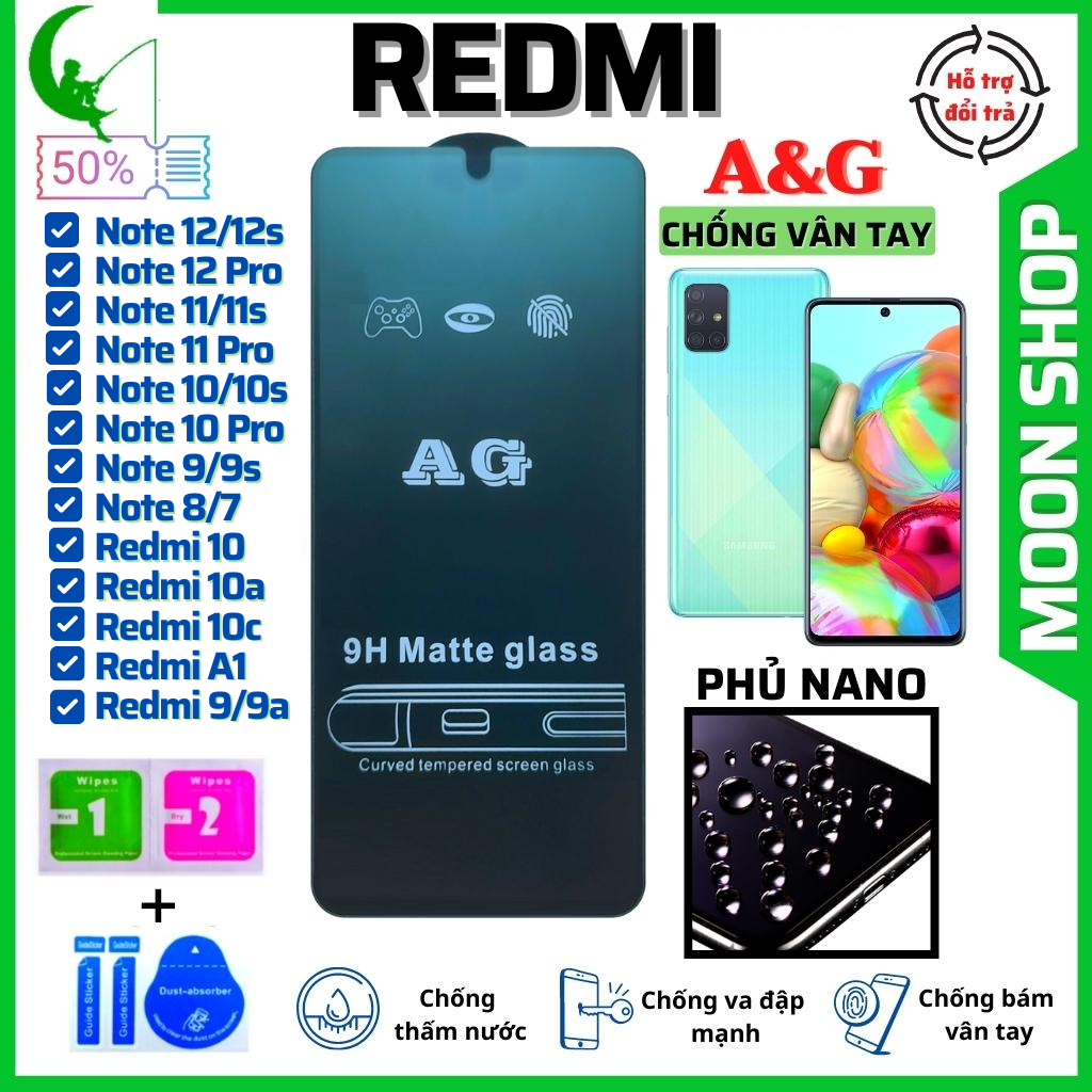 Kính Cường Lực Chống vân tay Redmi K20 K30 K40 Gaming K50 Pro Redmi Note 12 12s 11 11s Note 10 10s 9s 9 A1 A2+ 10A AG