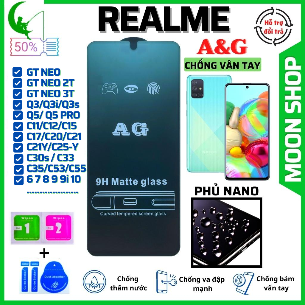 Kính Cường Lực Chống vân tay Realme 5/ 5s/ 5i/ 5pro/6/6i/7/ Narzo 30A - Dán Full màn hình - AG Nhám phủ Nano