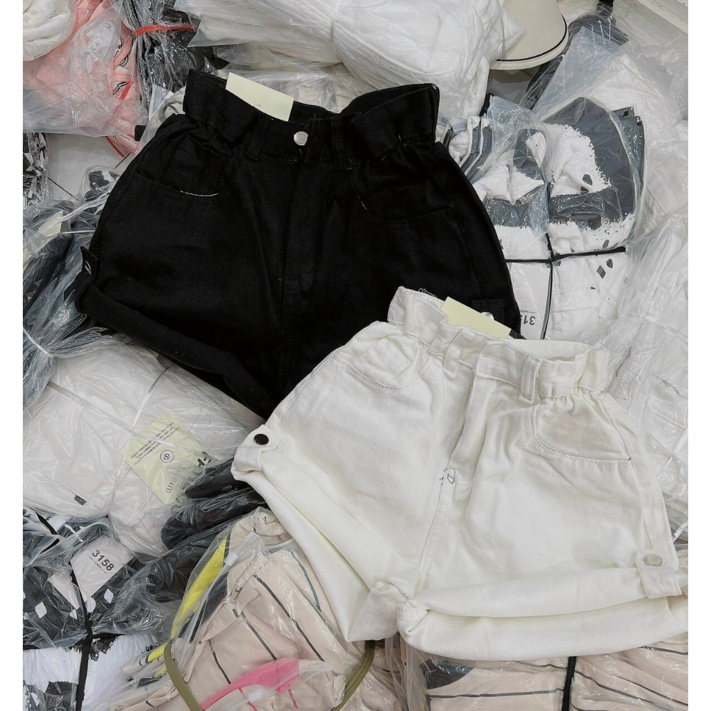Quần short nữ kaki lưng cao ống rộng xắn gấu phong cách