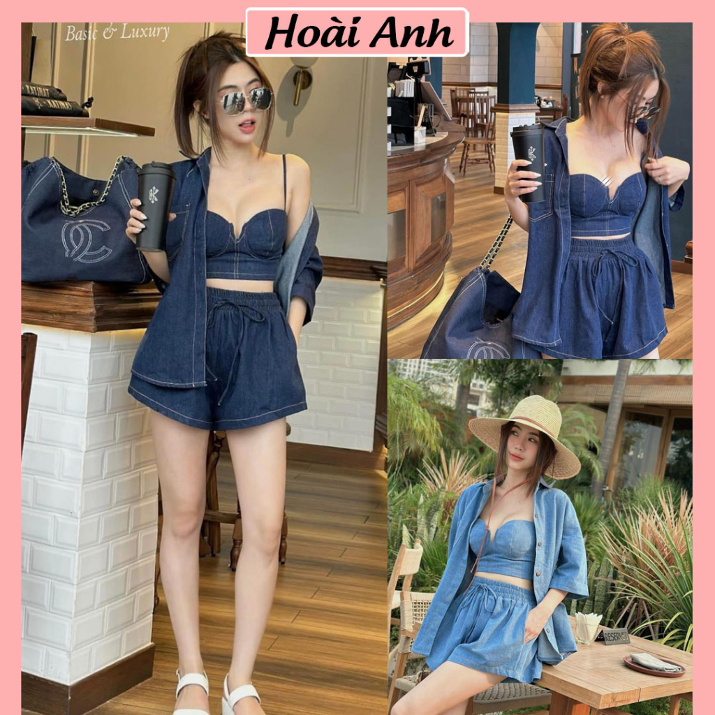 Set Bộ Đồ Nữ 3 Món Bò Giấy Áo Sơ Mi Ngắn Tay Kèm Áo 2 Dây Cúp Ngực Chun Lưng Mix Quần Sooc Đùi Freesize