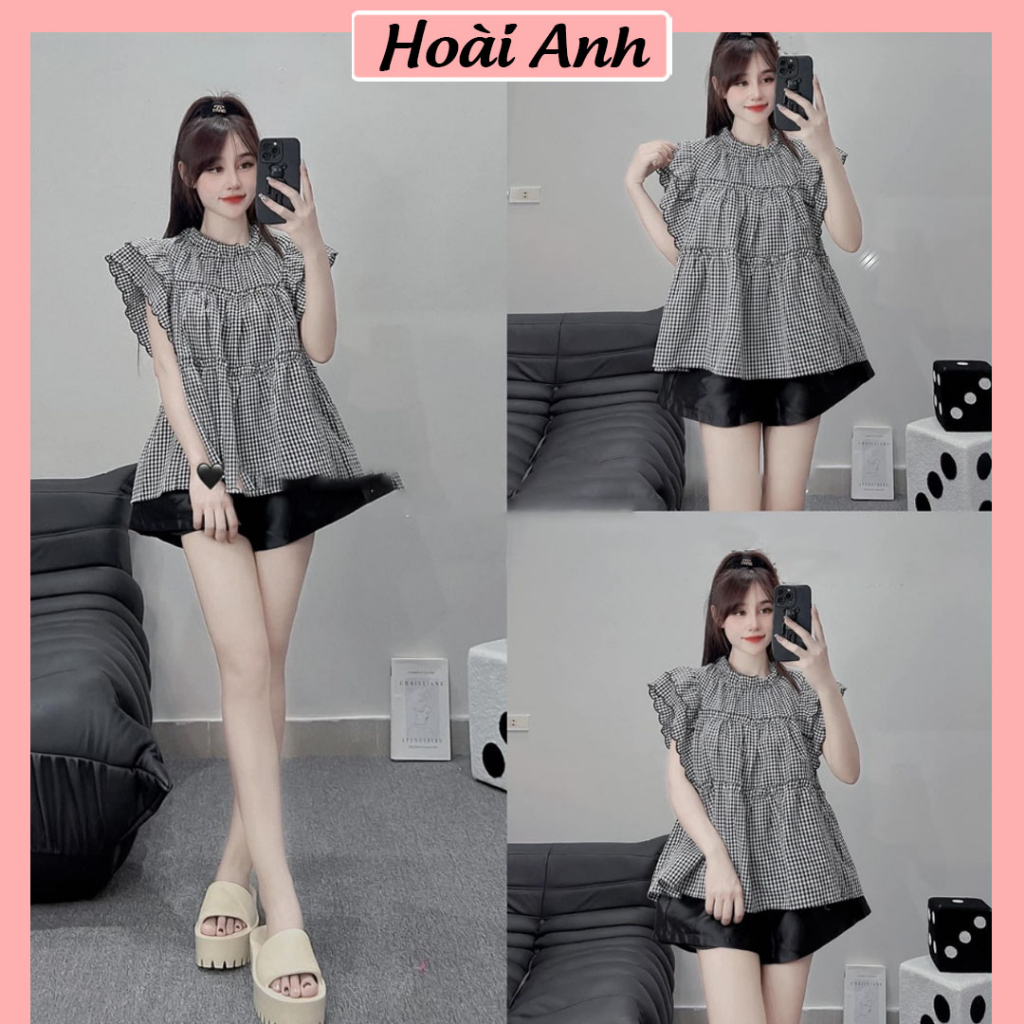 Set Bộ Đồ Nữ Áo Kẻ Caro Đen Trắng Dáng Babydoll Bèo Vai Cánh Tiên Mix Quần Sooc Đùi Freesize